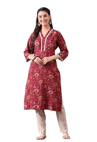 Image of Ichaa Women's Pure Cotton A-Line Ethnic V-Neck Kurta with 3 /4th Sleeve for Daily and Office Wear, in Plus Sizes