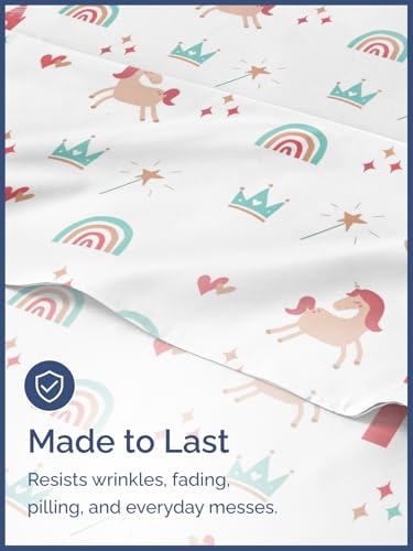 Image of Kids Full Size Princess Unicorns Bed Sheets - 4 Piece Kids Sheet Set | Princess Unicorns Themed Bedding, Ultra-Soft, Cute & Cozy, Breathable & Machine Washable, Bed Set for Boys, Girls & Teens