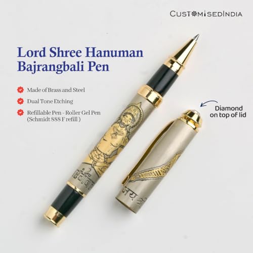 Image of Customised Lord Bajrangbali Etched Pen - Premium Brass Roller Pen with Hanuman Engraving & Divine Jay Shree Ram Inscription