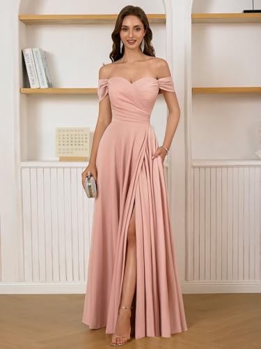 Women's Off The Shoulder Bridemaid Dresses Satin Formal Dress Maxi Evening Gown4