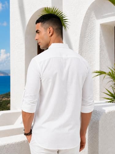 Image of Majestic Man Men's Pure Cotton Solid Mandarin Collar Slim Fit Roll-Up Sleeves Short Kurta Lightweight Summer Kurta for Daily & Occasion Use