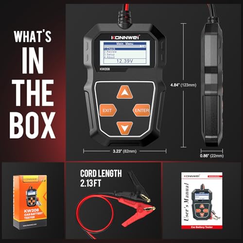 Car Battery Tester 12V, KONNWEI KW208 100-2000 CCA Battery Load Tester Auto Cranking and Charging System Test Scan Tool Digital Battery Alternator Analyzer for Car Truck Marine Motorcycle SUV Boat