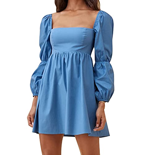 EXLURA Womens Square Neck Dress Long Puff Sleeve A-Line Casual Short Mini Dress Blue