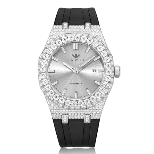 USWEL Mens Iced Out Moissanite Diamond Watch 42mm Case Silicon Rubber Band and Automatic Movement Sapphire Glass 10ATM Water Resistant