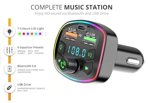 Image of Jaxter Bluetooth 5.3 FM Transmitter for Car with 20W Fast Charging USB-C Port, LED Screen, Hands-Free Call & Music Player Adapter