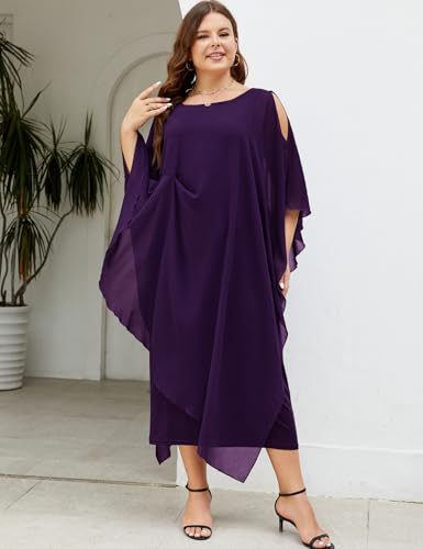Image of ZOMVA Plus Size Elegant Formal Dress Long Cape Overlay Wedding Guest Formal Cocktail Mother of Bride Outfit, Dark Purple, 2X