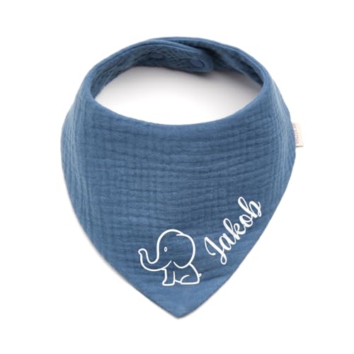 Personalisiertes Dreieckshalstuch aus Baumwolle/Musselin | Elefant mit Namen | Halstuch für Jungen, Mädchen | Viele Farben (Indigo)