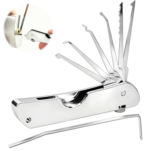 7-in-1 Lock Picking Kit Stainless Steel Folding Lock Pick Set with Single Hook Picks Portable Lock Picking Tools for Practice & Emergency Use Quick Opener Locksmith Tools for Beginners
