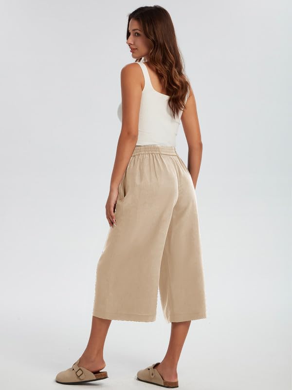Les umes Women Linen Pants Summer Wide Leg Capri Pants High Waist Loose Cropped Lounge Trousers Culottes4