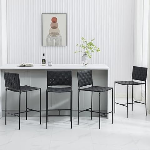Locus Bono 26 inch Counter Height Bar Stools Set of 4, Faux Leather Woven Counter Stool with Backs, Woven Rattan Barstools with Metal Legs for Dining Room Home Kitchen Island, Black Cover