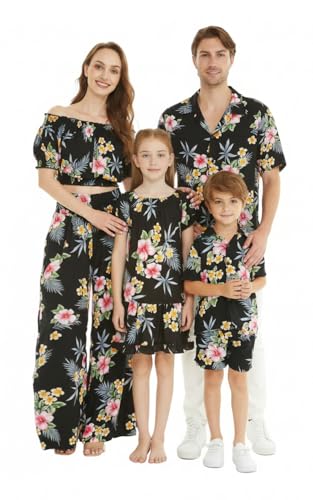 Image of Family Matching Hawaiian Clothes, Hibiscus Black | Black Hibiscus Print • Soft Rayon Fabric • Family Matching Outfits • Vacation Ready • Luau Party Wear