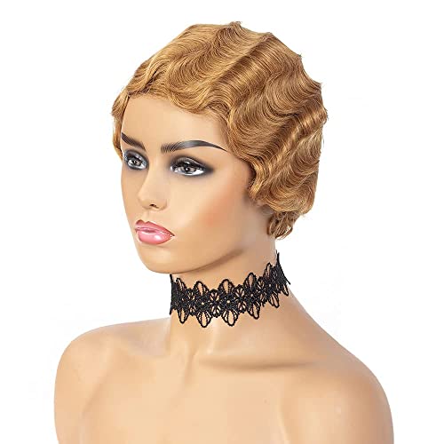 iShine Short Human Hair Pixie Wigs Pixie Cut Honey Blonde Short Wavy Wigs Layered Short Human Hair Wigs for Black Women (Pixie Cut Wigs, 27#)