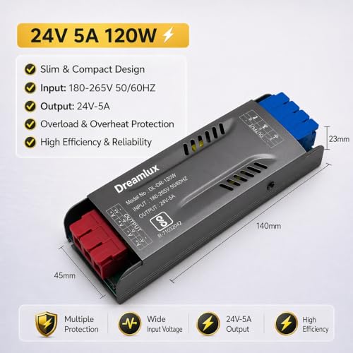 Image of Dreamlux 120W 24V 5A SMPS Power Supply | AC to DC Converter 180-265V Input | Industrial Grade Switching Power Supply with 4kV Surge Protection | Overload, Short Circuit Protection | Made in India (3)