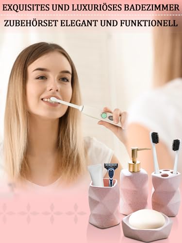 Badezimmer Set 4 Teile,Keramik Badezimmer Sets mit Zahnbürstenhalter,Seifenspender,Seifenschale,Zahnbürstenbecher,Ideales Wohngeschenk Badezimmer Deko Set(Rosa)