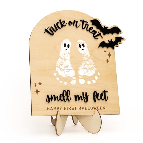 Baby’s First Halloween DIY Footprint Kit – Trick or Treat Wooden Milestone Card Keepsake Sign – Baby halloween Nursery Tabletop Décor, Newborn, halloween Kids stuff