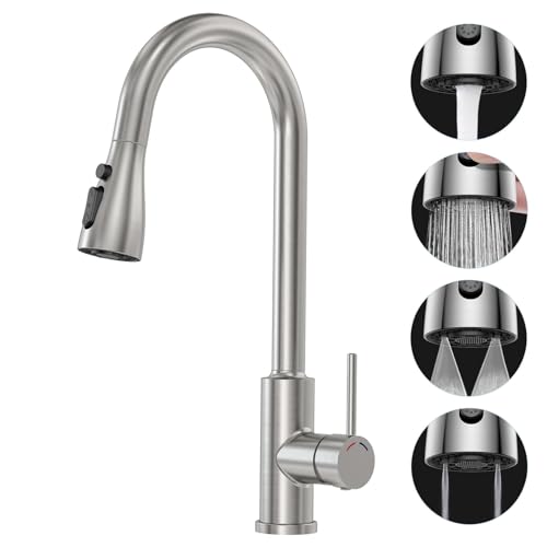 SREWOHS PRO Grifo Cocina Fregadero Extraible - Extensible,4 Modes,Rotación 360°,Flexible,Alta presión,1 orificio,Arco alto（227mm),G3/8, Monomando Cabezal Grifo Cocina Acero inoxidable,Níquel