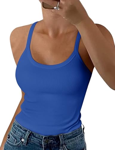 Irevial Camiseta Sin Mangas Mujer Chalecos Interiores con Tirantes Finos con Camisola Sólida Básica Azul Real，S