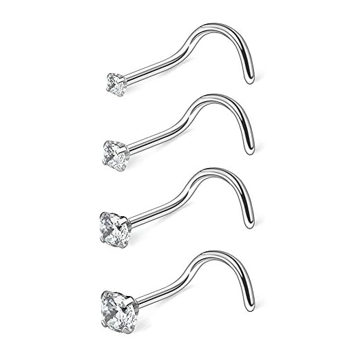 Ruifan 4PCS 18G 316L Surgical Steel 1.5mm 2mm 2.5mm 3mm Clear Round Diamond Cubic Zirconia Crystal Nose Screw Studs Rings Piercing Jewelry - Silver