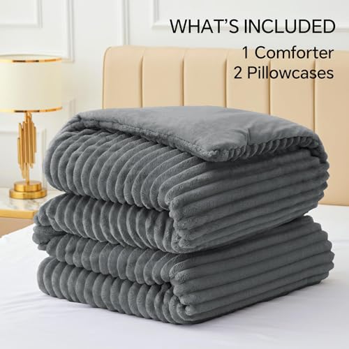 Image of BEDELITE Fleece Full Comforter Set -Super Soft & Warm Grey Bedding, Luxury Fuzzy Heavy Bed Set for All Season with 2 Pillow Cases
