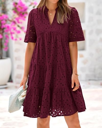 Image of BTFBM Womens Boho Summer Dresses 2026 Spring V Neck Short Sleeve Hollow Out Lace Ruffle Casual Beach Mini Vacation Dress