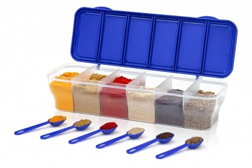 Image of TASTIC Multipurpose 6-in-1 Masala Box for Kitchen| Airtight BPA-Free Plastic 6 Section Storage Container with 6 Spoons, 1800 ml Transparent Pickle Box for Spices| Pack Of 1 PISTA (BLUE)