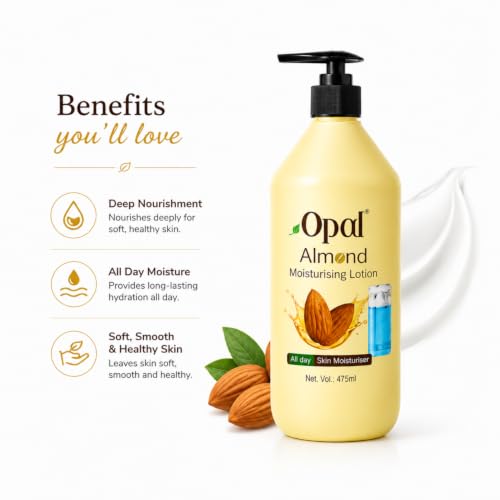 Image of OPAL Almond Moisturising Body Lotion, 475ml | Deep Moisture Body Lotion for Dry Skin | Fast Absorbing Non-Greasy Moisturizer for Women & Men | Daily Use Body Lotions for All Skin Types Summer & Winter