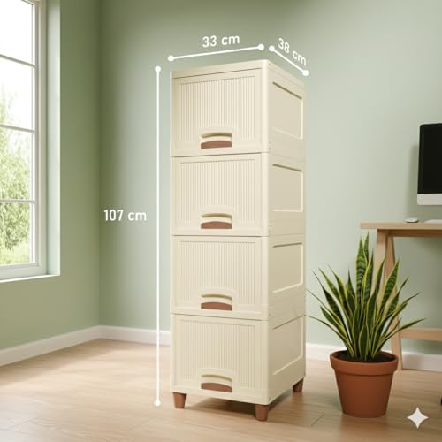Image of Multi-Purpose Organizer | Modular Storage Box for Clothes, Kitchen, Bedroom & Living Room | Stackable Rack, Space-Saving Wardrobe Cabinet (Off White), 4 Piece, 33LX38WX107H cm Living Room Stackable