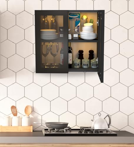 Image of SPECIALITY PANELS Aluminium Black Profile 2 Door Wall Cabinet | Brown Tinted Glass Handless Shutters | Wall Mounted Kitchen Storage Cupboard | Modern Space Saving Organizer | DIY Assembly