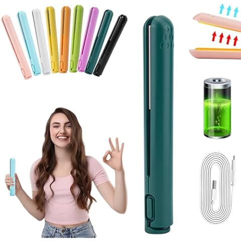 LJXWRF Mini Dual-Purpose Curling Iron, Cordless, for Short Hair, 2 in 1, Portable Hair Straightener and Curler, Tourmaline Ceramic, 6.7 inches x 0.95 inches, Dark Green Cover