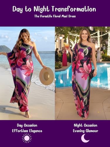 Image of KOH KOH Womens Long One Shoulder Hawaiian Flower Print Cocktail Maxi Dress