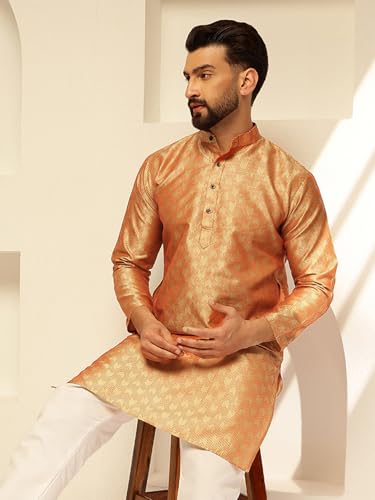 Image of SOJANYA (Since 1958 Men's Jacquard Silk Contrast Red Thread Woven Design Kurta With Pyjama