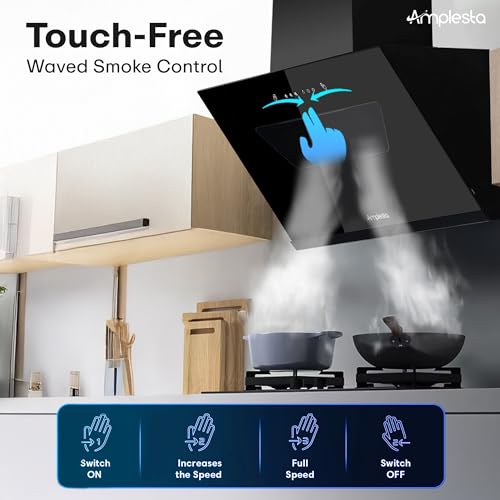 Image of Amplesta CycloneX 90CM Chimney for Kitchen Auto Cleaning 1600 m3 hr LED Touch Copper Motor Wall Mounted Kitchen Chimney for Home Filterless Two Way Suction Touch & Gesture Control (CycloneX-90-FL-HAC)