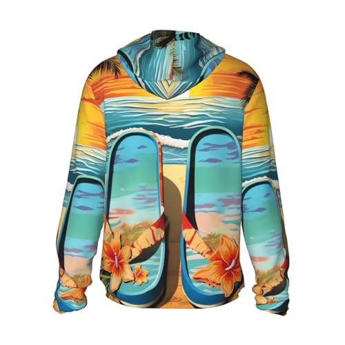 Flip Flops and Tropical Beach Scene Camisas masculinas FPS 50+ com capuz e proteção solar feminina m