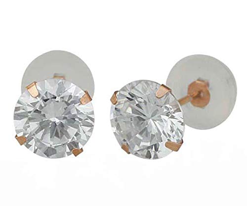 Golden Choice14K Solid Rose Gold 6mm Brilliant Clear Cubic Zirconia Stud Earrings