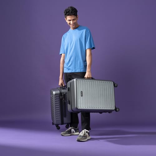 Image of THE ASSEMBLY Hard Body Set Of 3 Polycarbonate Spinner Luggage-75 Cms, 65 Cms (Check In) & 55 Cms (Cabin) Hardsided Suitcase Trolley- Grey