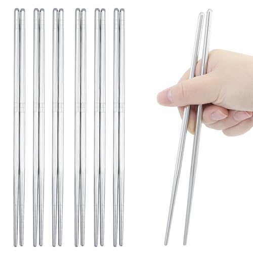 6 paia di bacchette in metallo,Bacchette argentate in acciaio inox,Bacchette riutilizzabili in metallo, bacchette multifunzione per uso quotidiano alimentare