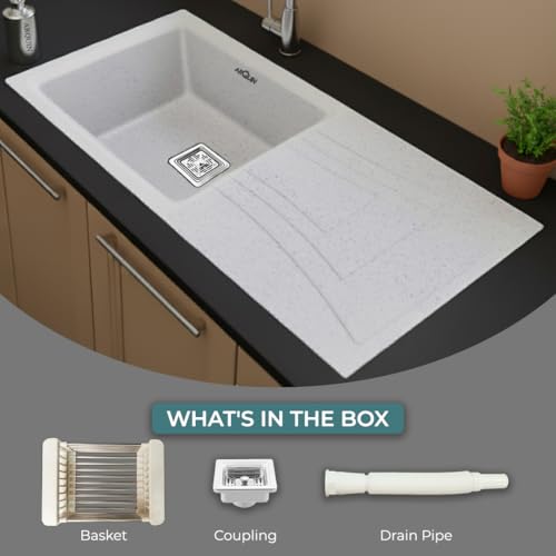 Image of ARQUIN Quartz Kitchen Sink with Drainboard 36x18x9 Inch Sand Pluto Granite sink for kitchen basin,UV Protected, Undermount /Topmount Noise Reducing