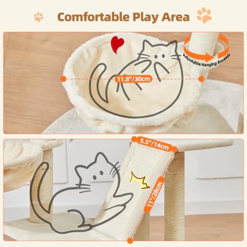 Image of Taoqimiao Cat Tree, 38.5In Cat Tower for Indoor Cats, Suitable for Kittens | Thick Padded Top Perch, Luxurious Cat Condo, Adjustable Basket, 1-Piece Ramp Scratcher, 3 Natural Sisal Posts, Beige, MS029SM