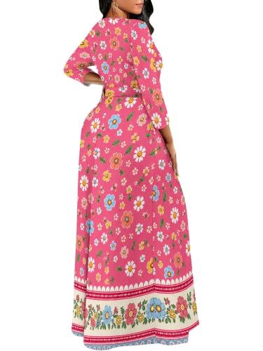 Image of Women Plus Size Long Sleeve V Neck Maxi Dress with Belt | Soft fabric relaxed fit three quarter sleeve v neck with pockets for party and daily wear