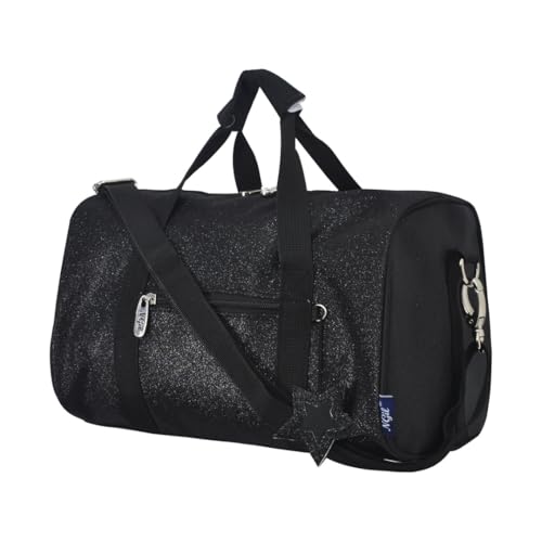 NGIL Super Star Duffle Bag, Mini Dance Bag & Mini Travel Bag for Sports, Gymnastics and Ballet with Adjustable Strap, Zippers, Pockets (Glitter-Black, Small)