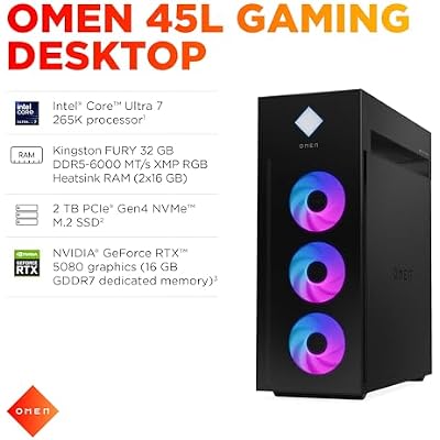 HP OMEN 45L Gaming Desktop, Intel Core Ultra 7 265K, 32 GB RAM, 2TB SSD, NVIDIA GeForce RTX 5080, Windows 11 Pro, Microsoft Copilot, Tempered Glass, GT22-3080 (2025)