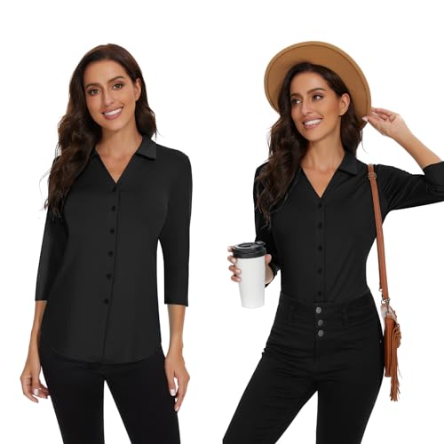 Image of Soneven Womens Golf Polo Shirts 3 /4 Long Sleeve V Neck Button Down Shirts Business Causal Work Blouses Tops