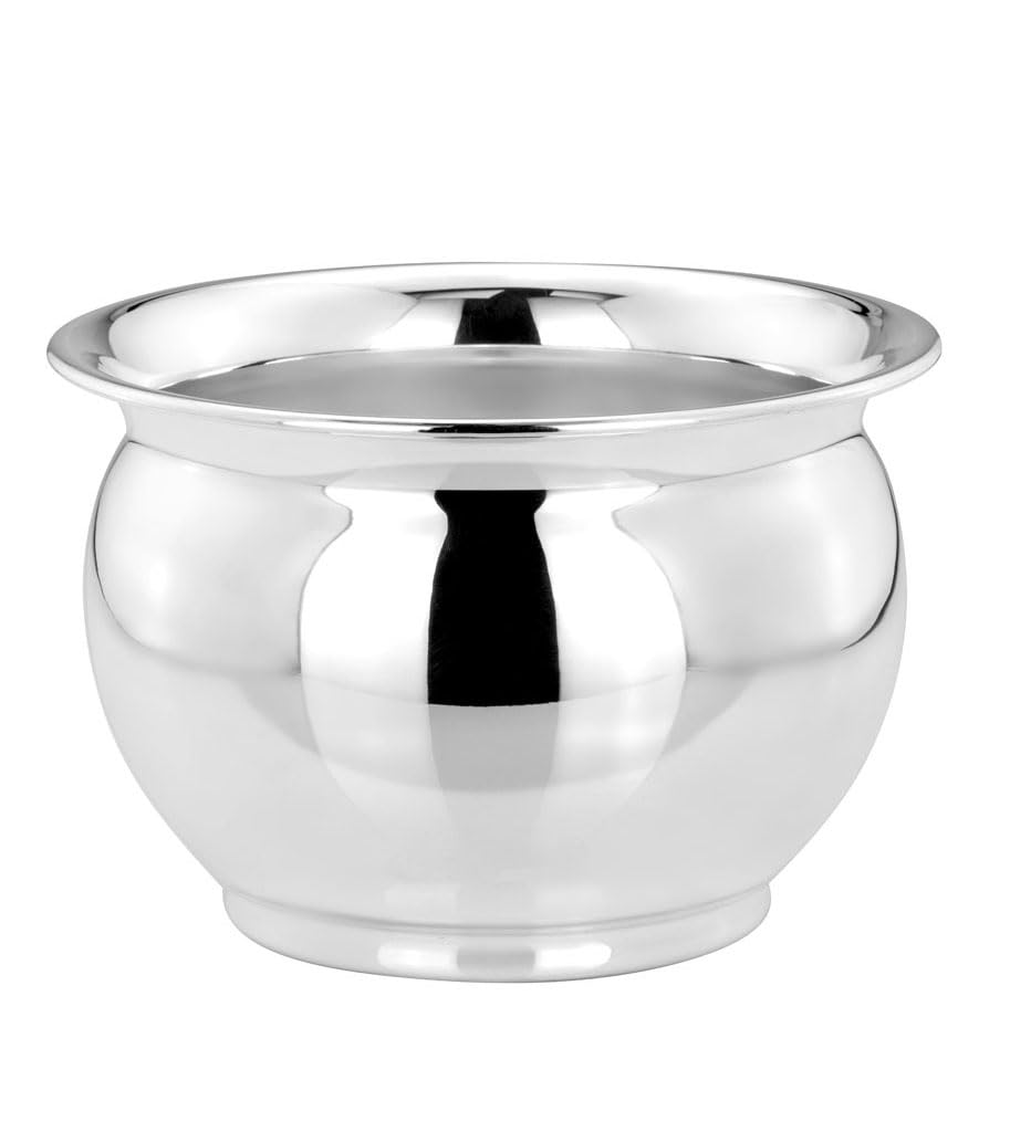 Posrebrzana ozdobna doniczka – gładka, polerowana na wysoki połysk donica z metalu – elegancka ozdobna donica na rośliny pokojowe i dekoracja – Ø 18 cm, wysokość 12,5 cm