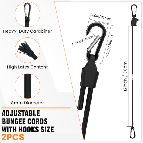 Adjustable Bungee Cords with Hooks 12 Inch Long Superior Latex Heavy Duty Elastic Straps for Outdoor Tent, Luggage Rack, Camping, Cargo, Bike, Transporting, Storage [2PCS, Easy to Adjust 8" - 18"]