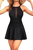 Holipick Solid Black Women's One Piece Swim Dress High Neck Swimsuit Tummy Control Halter Modest Skirt Bathing Suits Long Swimdress M