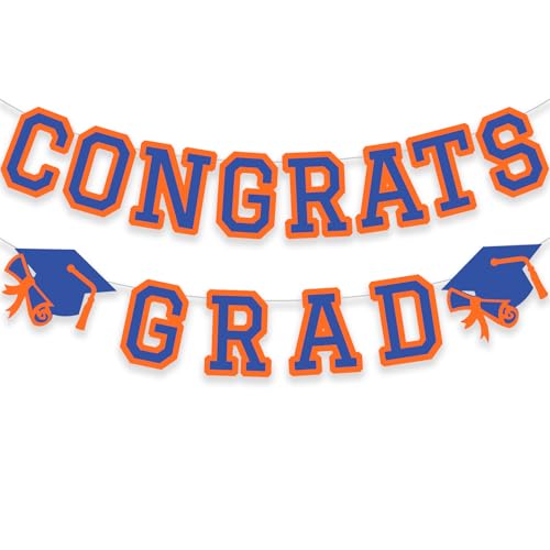 Image of Congrats Grad Banner Graduation Party Banner Decoration Hanging Garland High School College Backdrop Supplies Blue Orange