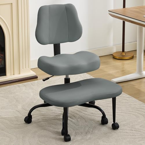 Image of Ergonomic Criss Cross Legged Office Chair, ADHD Chair, Wide Height Adjustable Seat 360 Swivel Footstool with Wheels, PU Leather Meditation Kneeling Chair, for The Restless Home Workers, Grey