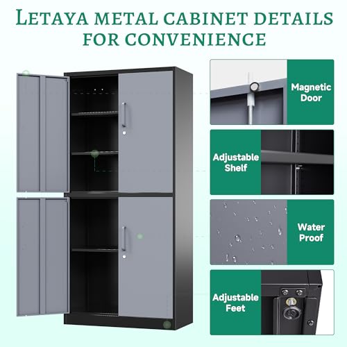 Letaya Metal Storage Cabinets with Lock Door and Shelves, Steel Garage Tool Cabinets for Home,Office, Warehouse,Lockers(71\"-Black Gray)