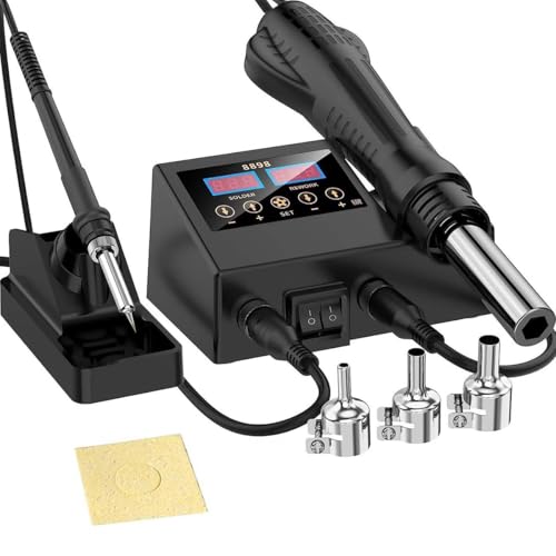 Image of Serplex 2-in-1 Soldering Station With LCD Display, 600W Hot Air Gun, Adjustable Temperature, Divided Switches, Fast-Heat, 3 Nozzles (5 /8 /10mm) & Holder, For SMD PCB Electronics Repair & Welding