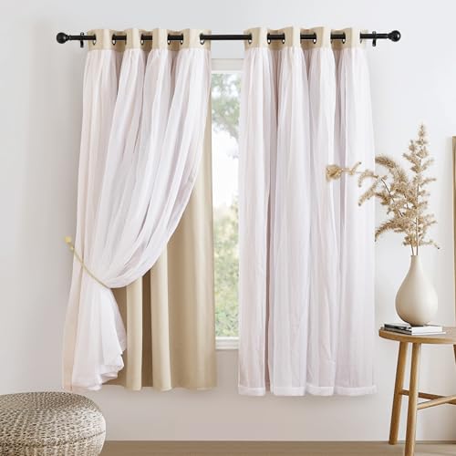 Image of PONY DANCE Sheer Curtains Blackout, 52 by 63 inches, Biscotti Beige, 2 Pcs | Light Blocking Window Treatments Panels for Bedroom, Cortinas para Sala Modernas